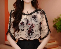 法式印花雪紡衫