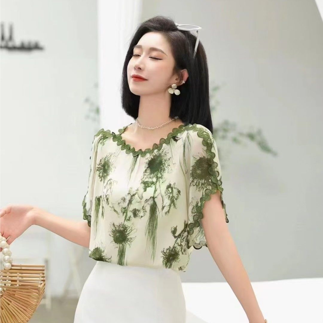 法式印花雪紡衫